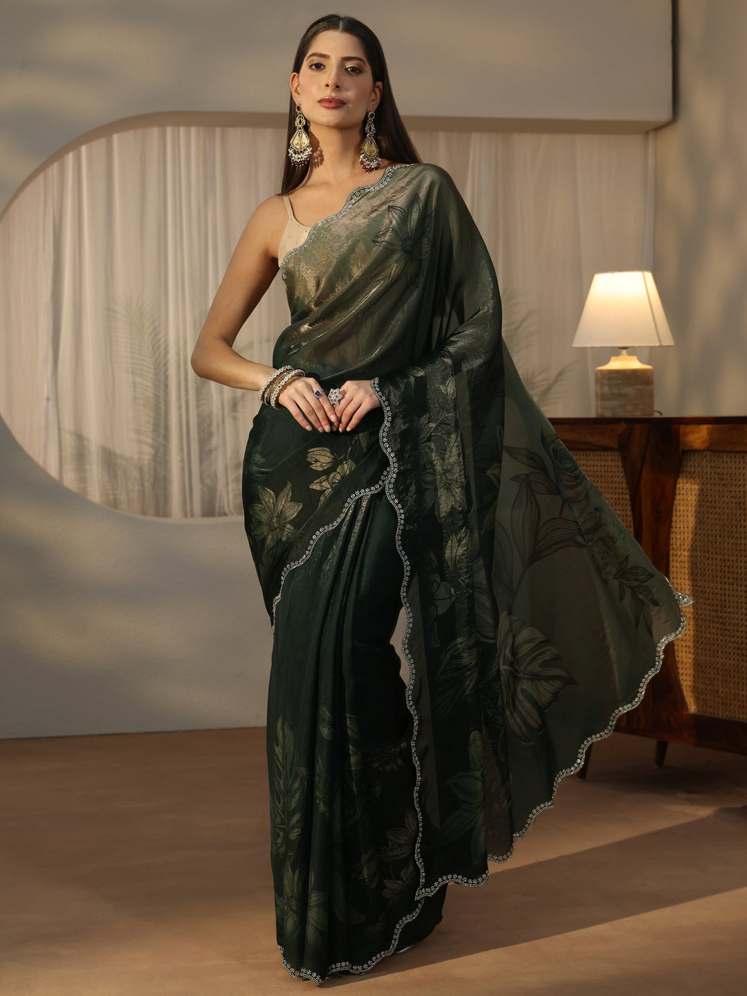  Libas Forest Green Floral Printed Tissue Saree with Embellished Border 