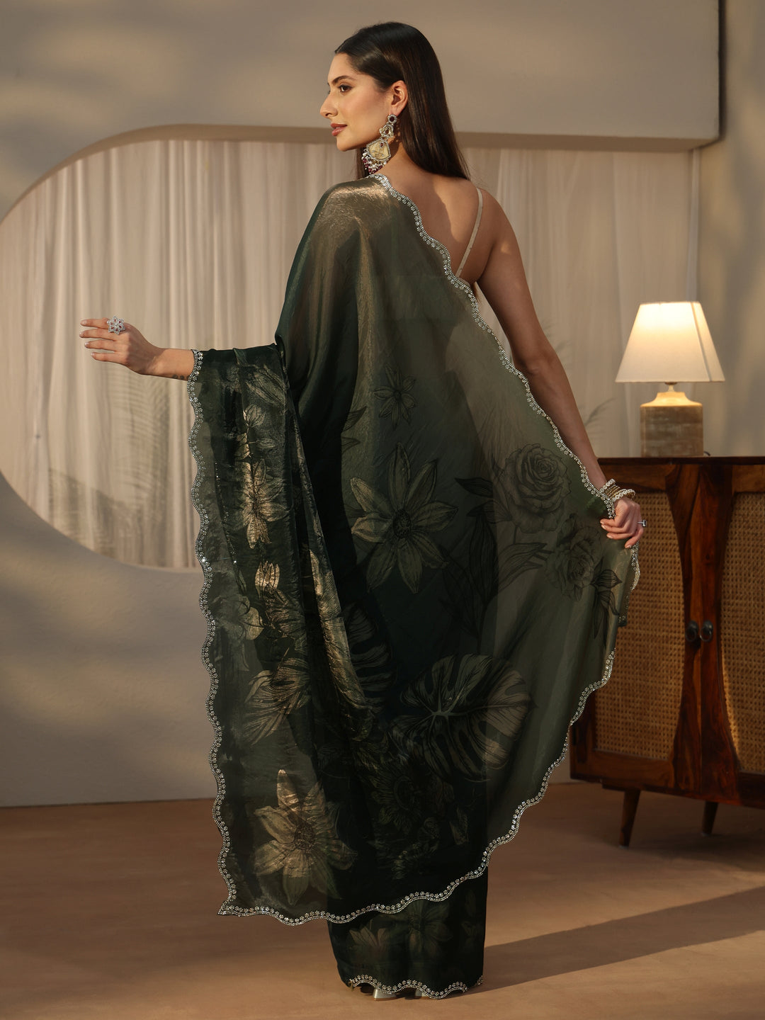  Libas Forest Green Floral Printed Tissue Saree with Embellished Border 