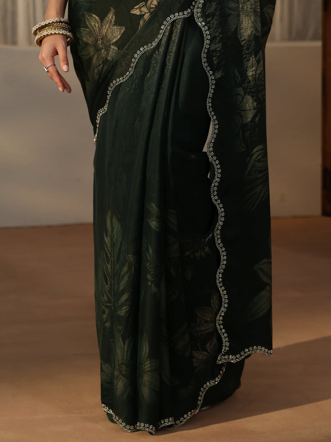  Libas Forest Green Floral Printed Tissue Saree with Embellished Border 