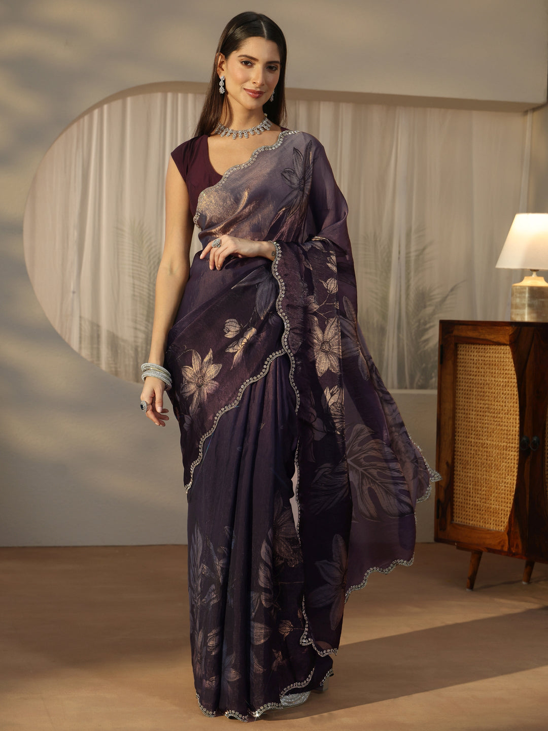  Libas Ink Blue Floral Printed Tissue Saree with Embellished Border 
