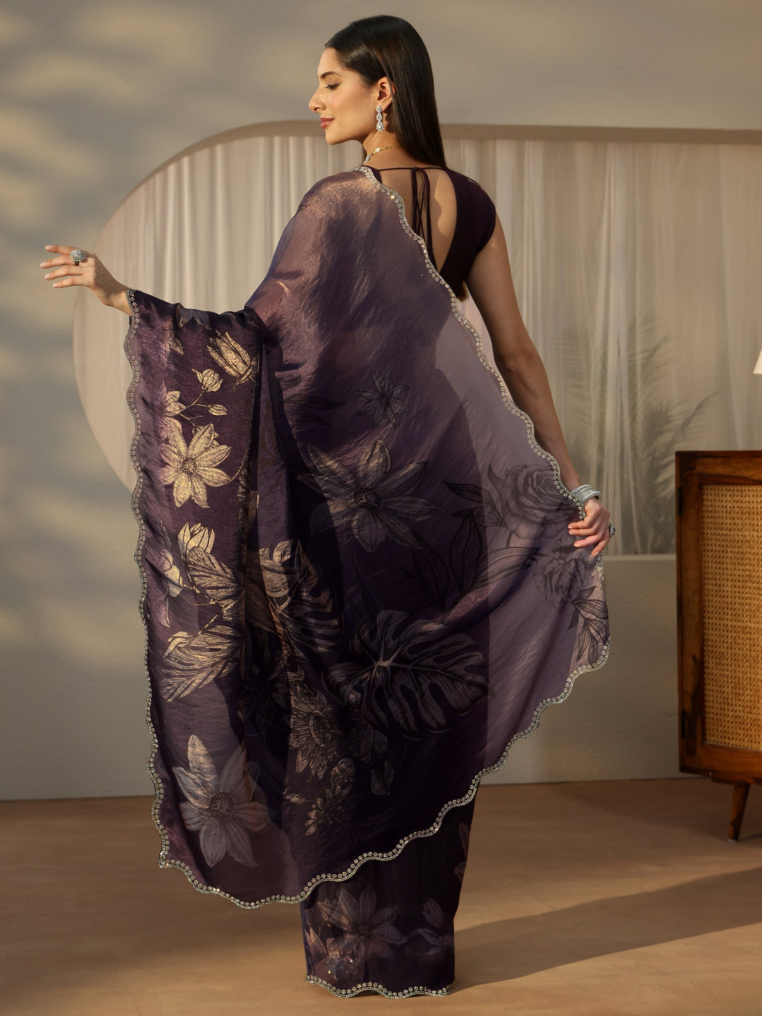  Libas Ink Blue Floral Printed Tissue Saree with Embellished Border 