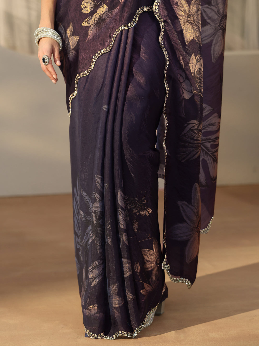  Libas Ink Blue Floral Printed Tissue Saree with Embellished Border 