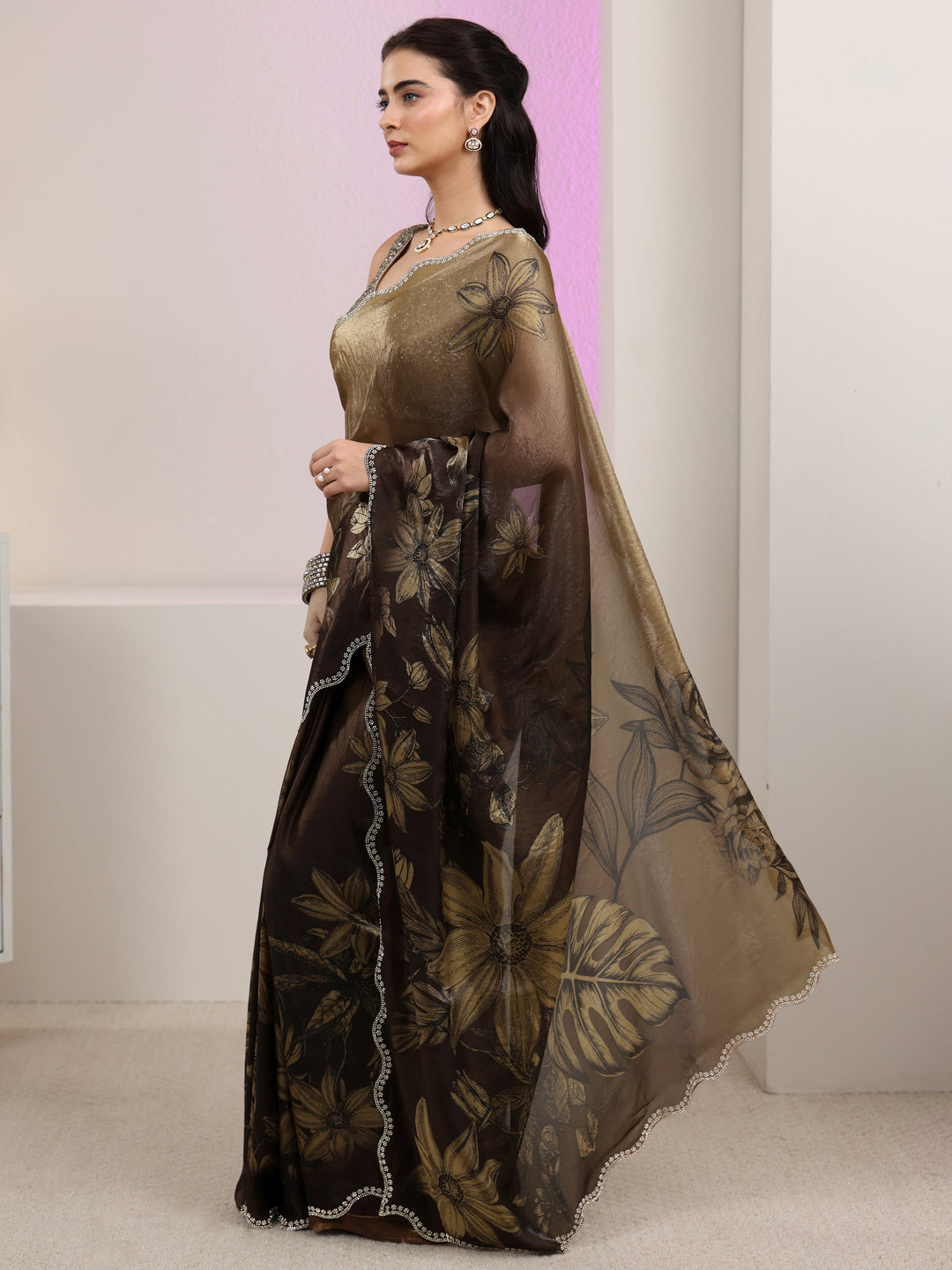  Libas Olive Green Floral Printed Tissue Saree with Scalloped Border 