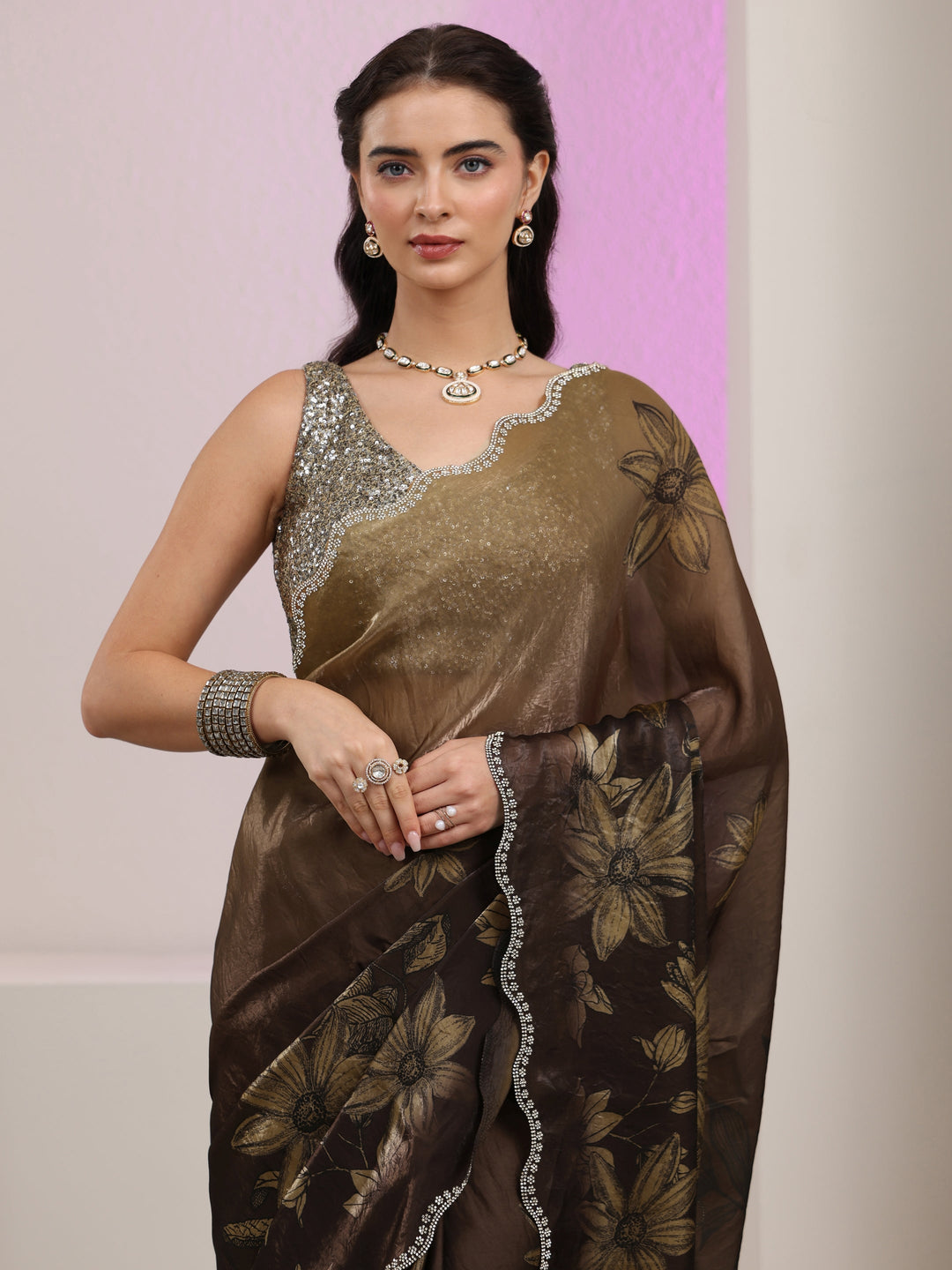  Libas Olive Green Floral Printed Tissue Saree with Scalloped Border 