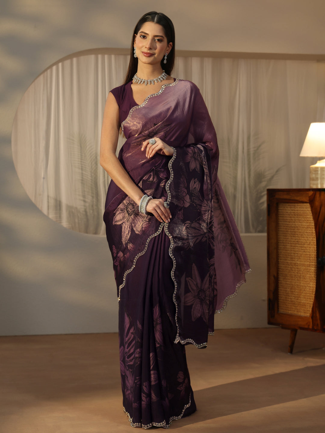  Libas Plum Purple Floral Printed Tissue Saree with Embellished Border 