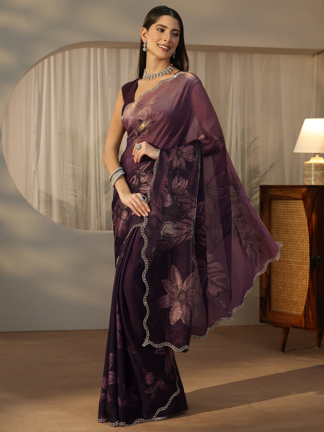  Libas Plum Purple Floral Printed Tissue Saree with Embellished Border 