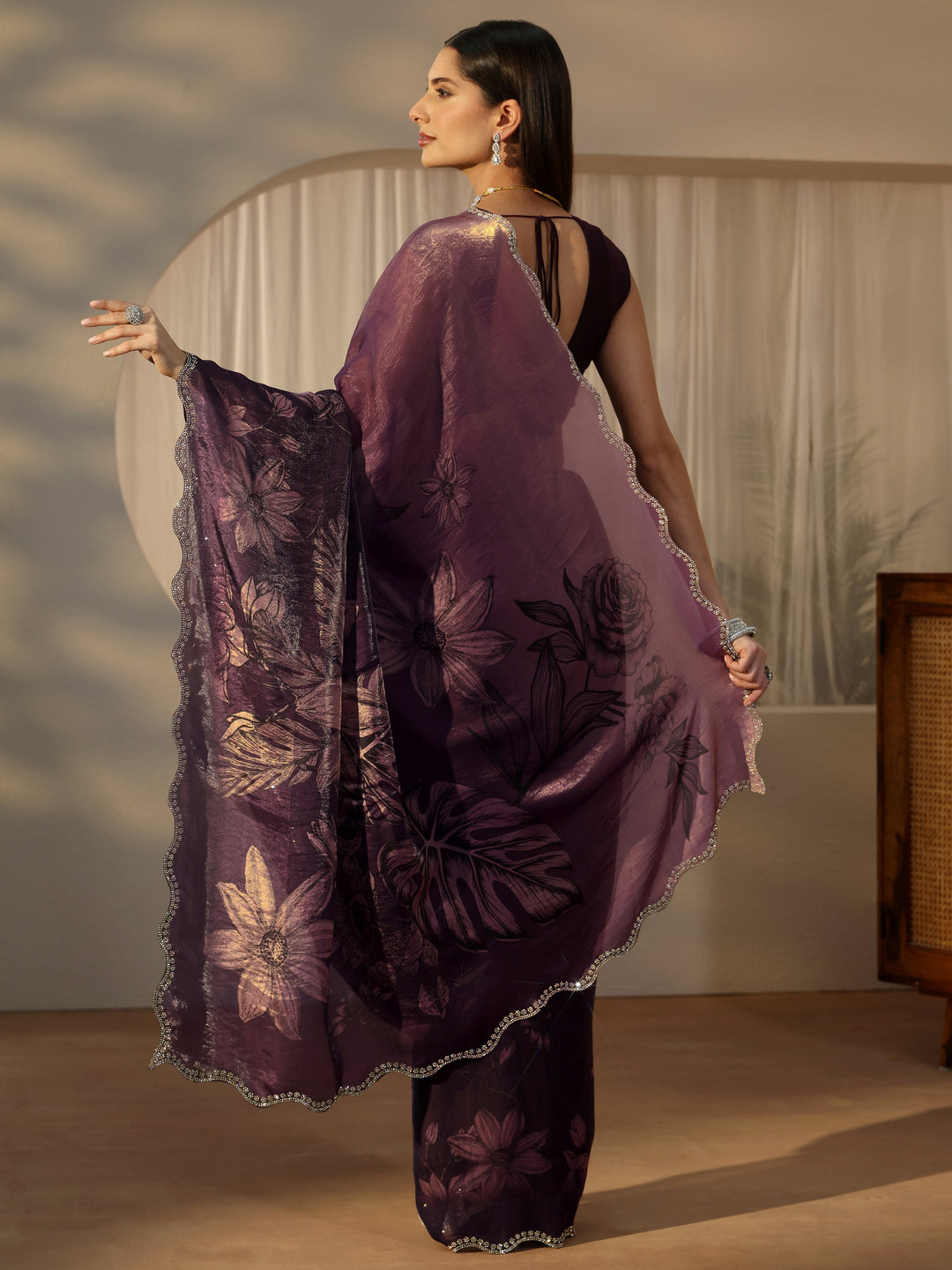  Libas Plum Purple Floral Printed Tissue Saree with Embellished Border 
