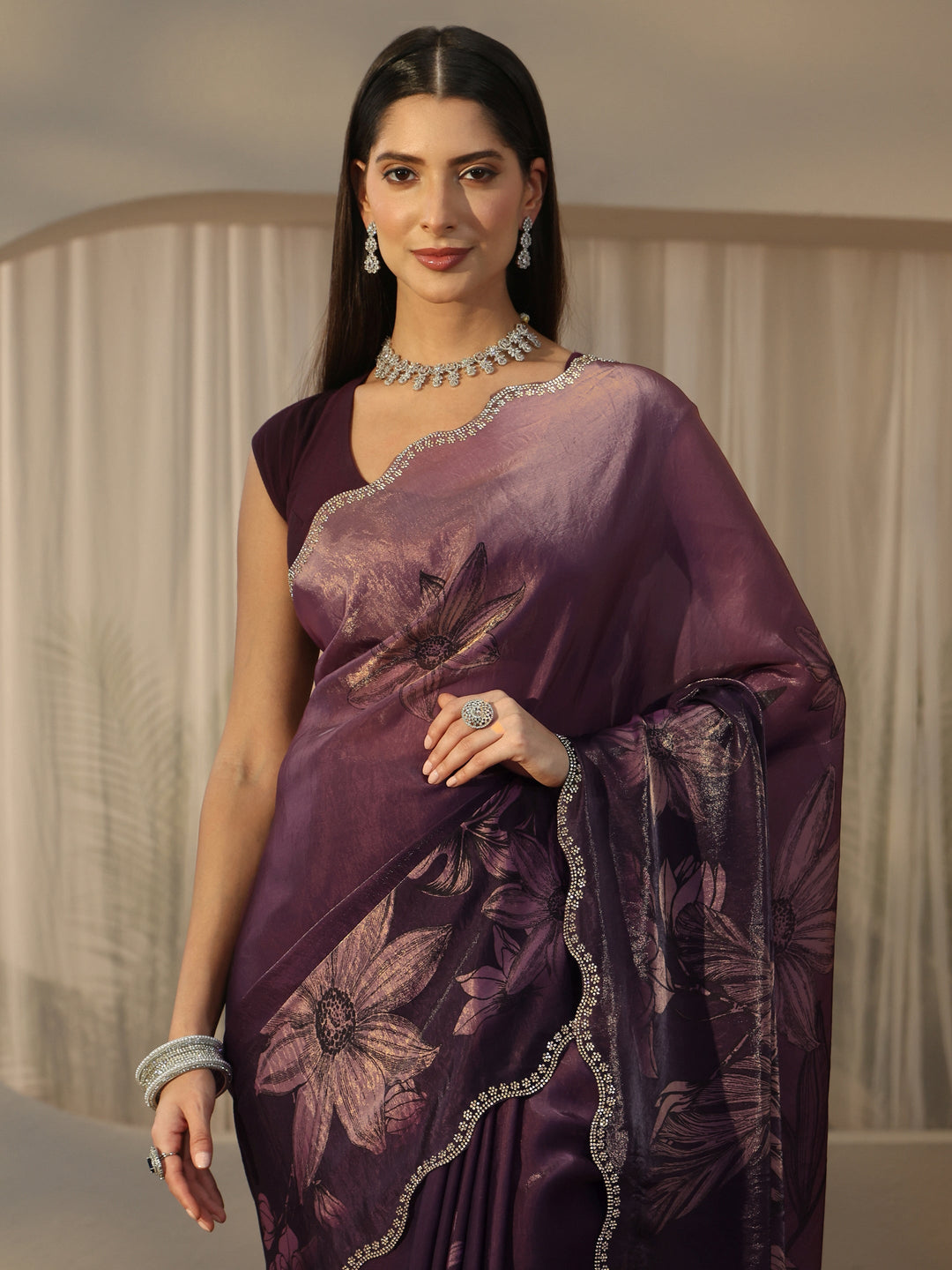  Libas Plum Purple Floral Printed Tissue Saree with Embellished Border 