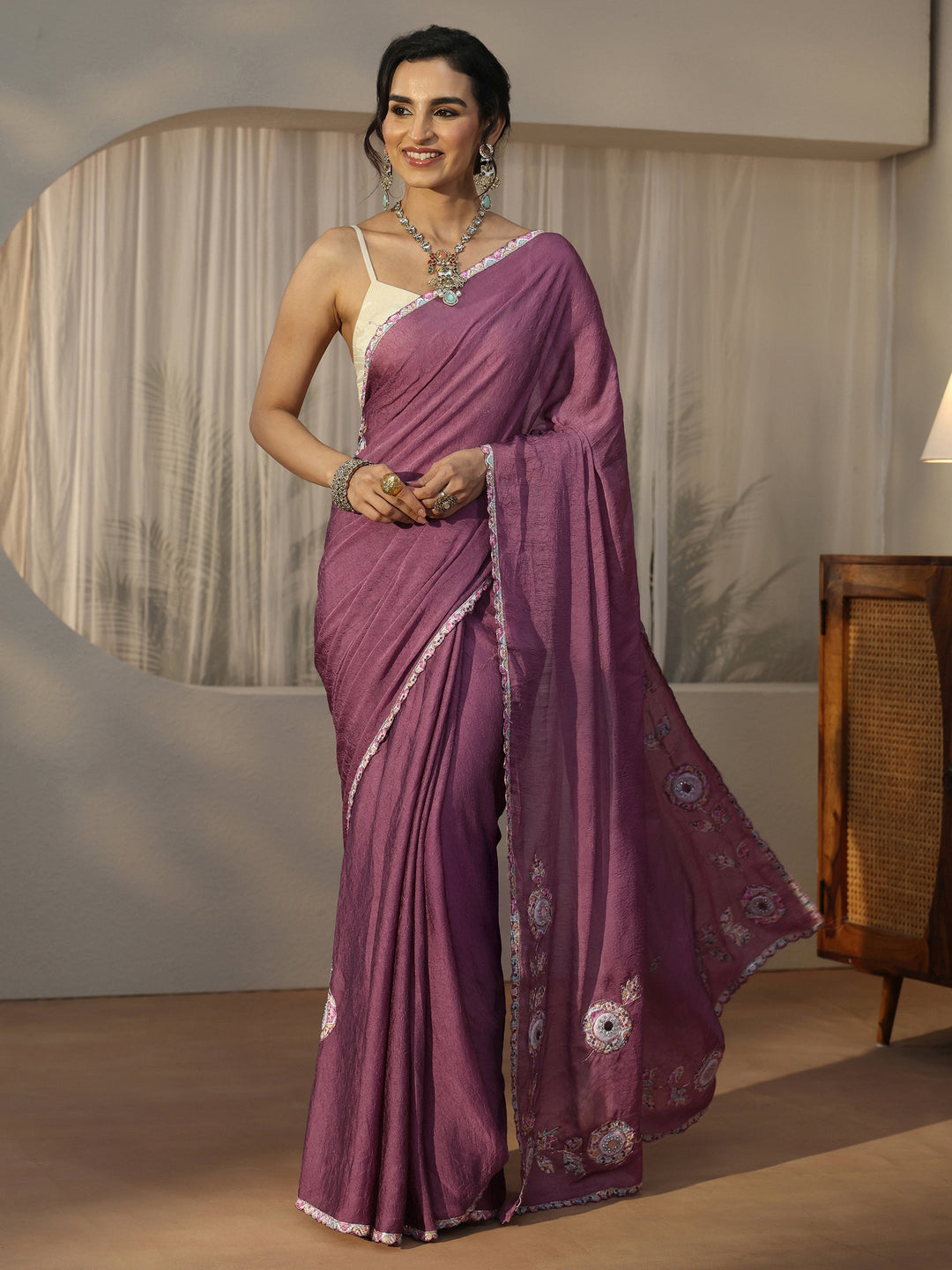  Libas Mauve Floral Embroidered Silk Blend Saree 
