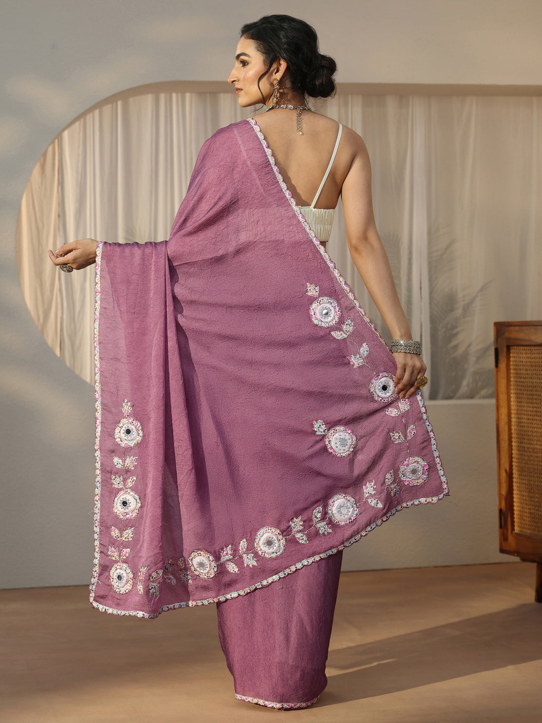 Libas Mauve Floral Embroidered Silk Blend Saree 