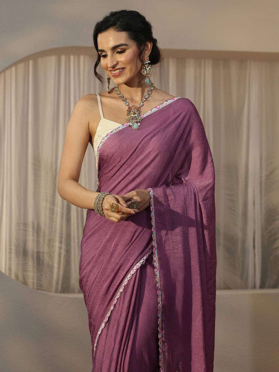  Libas Mauve Floral Embroidered Silk Blend Saree 