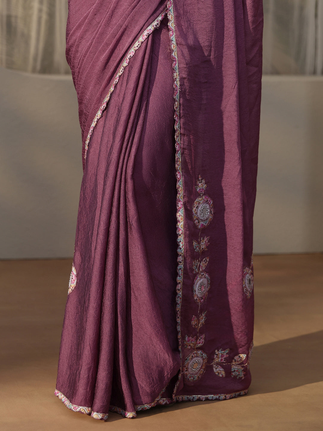  Libas Mauve Floral Embroidered Silk Blend Saree 