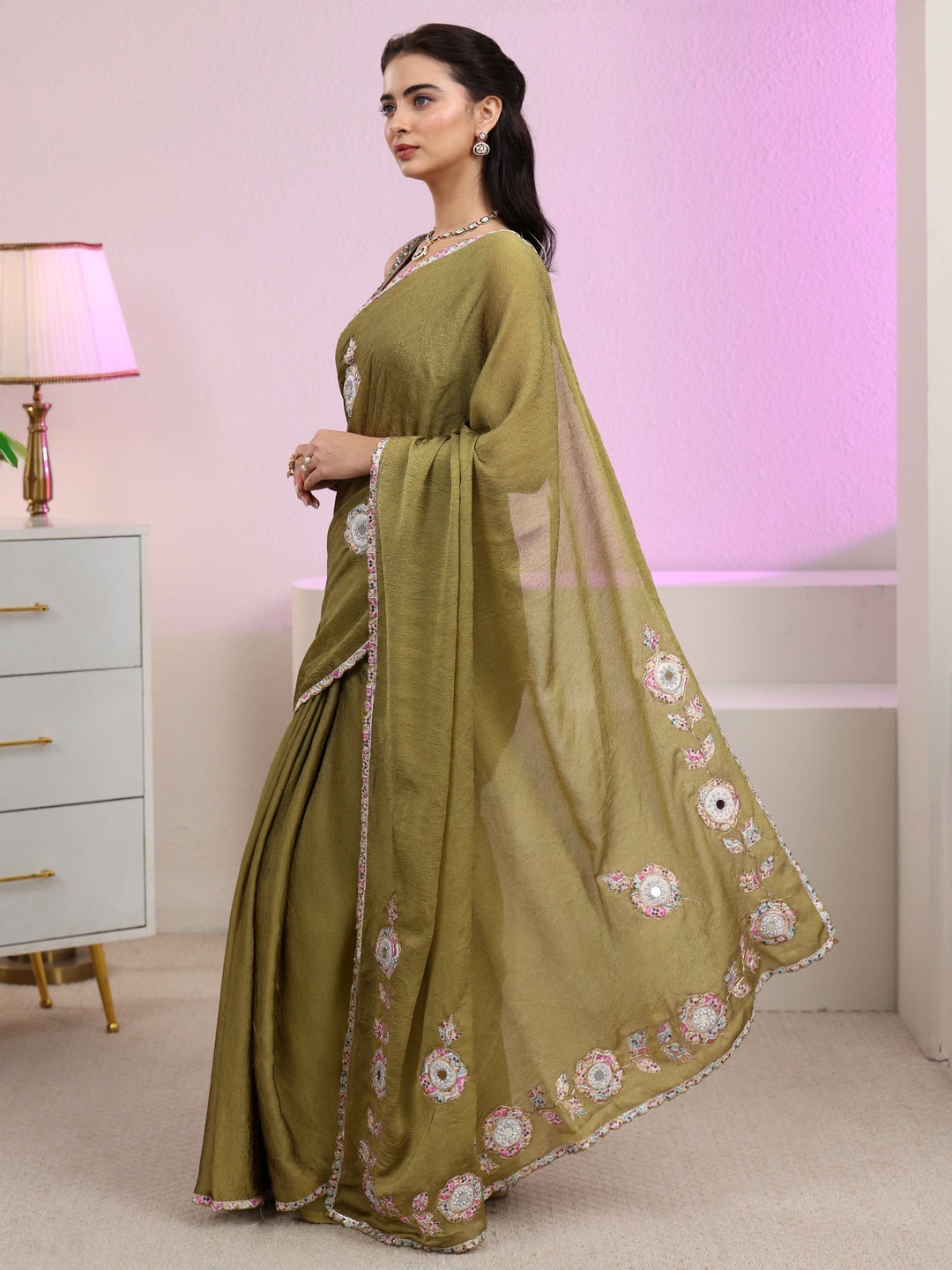  Libas Henna Green Silk Blend Saree with Applique Design 
