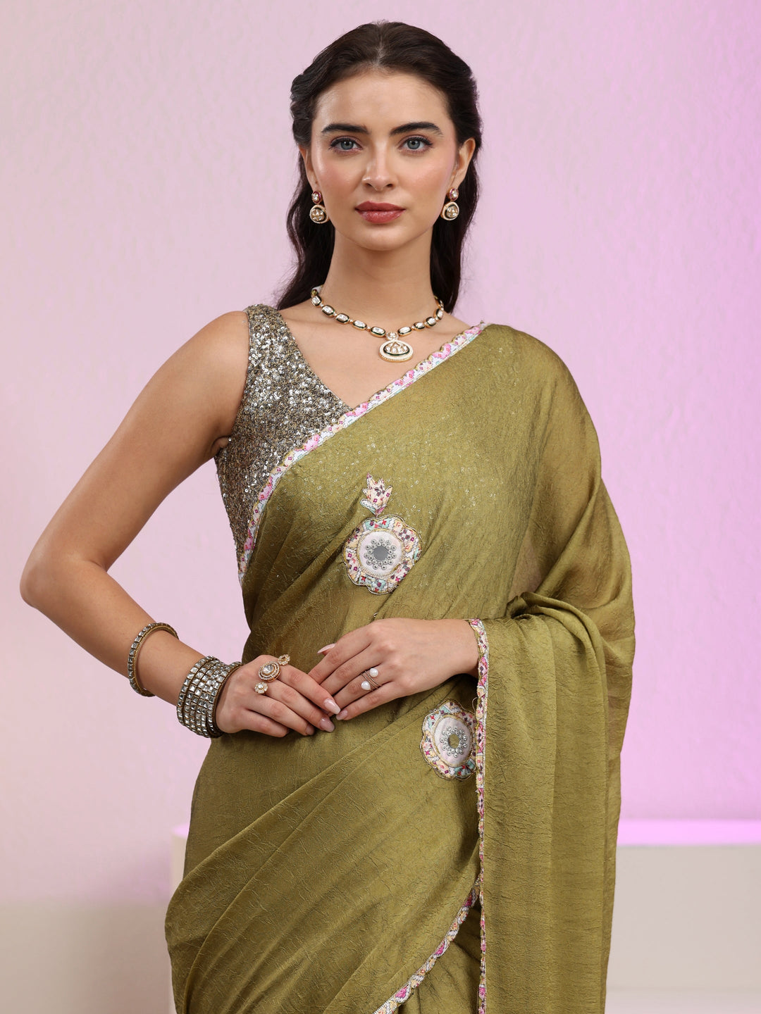  Libas Henna Green Silk Blend Saree with Applique Design 