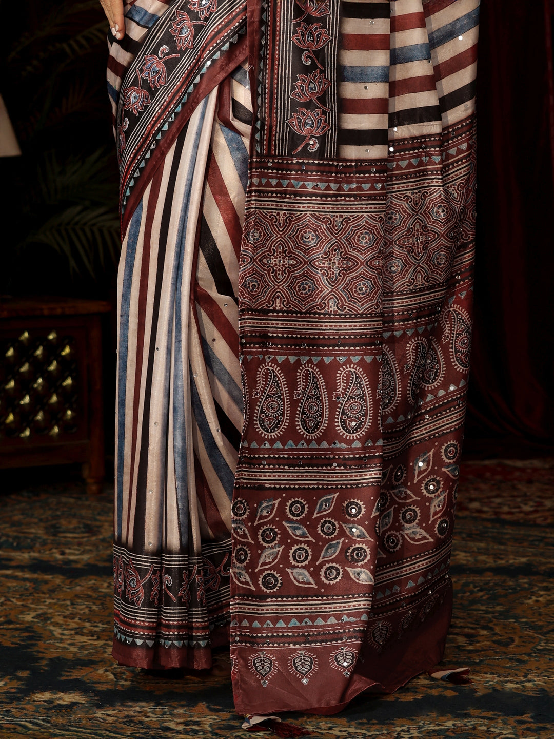  Libas Maroon Striped Satin Saree with Ajrakh Pallu 