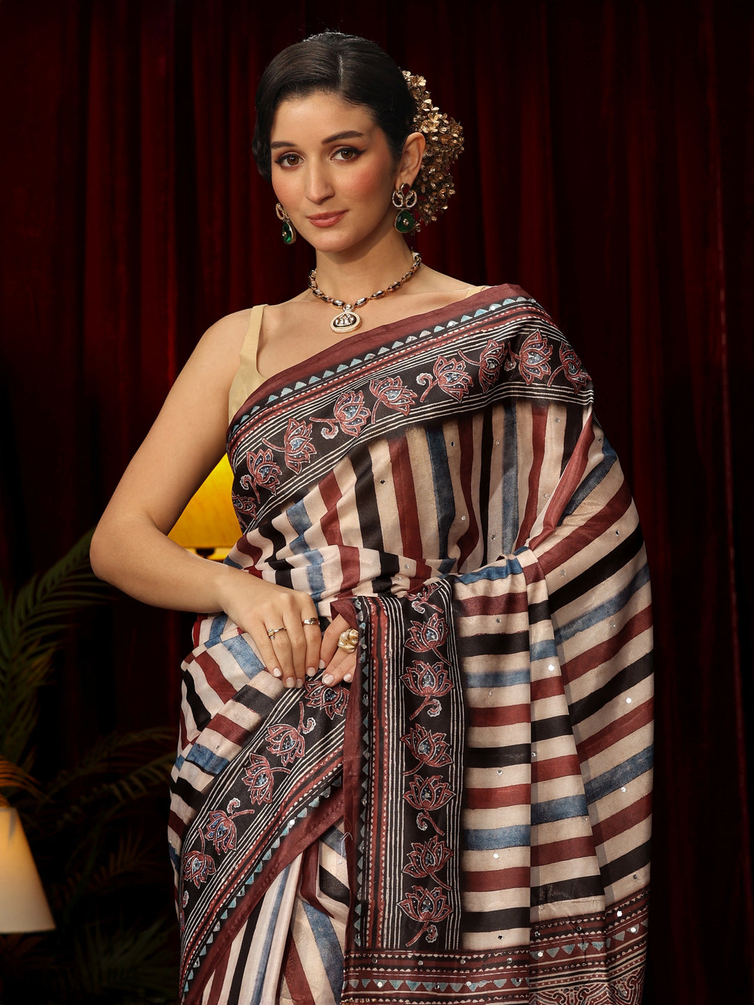  Libas Maroon Striped Satin Saree with Ajrakh Pallu 