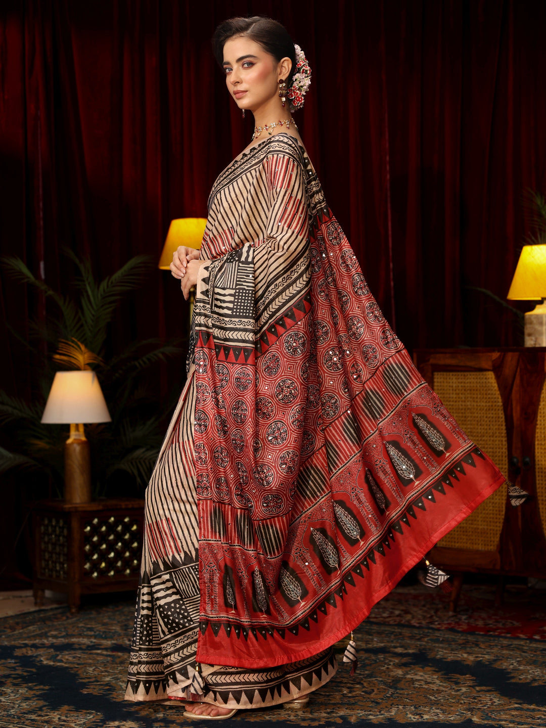  Libas Red Striped Satin Saree with Ajrakh Pallu 