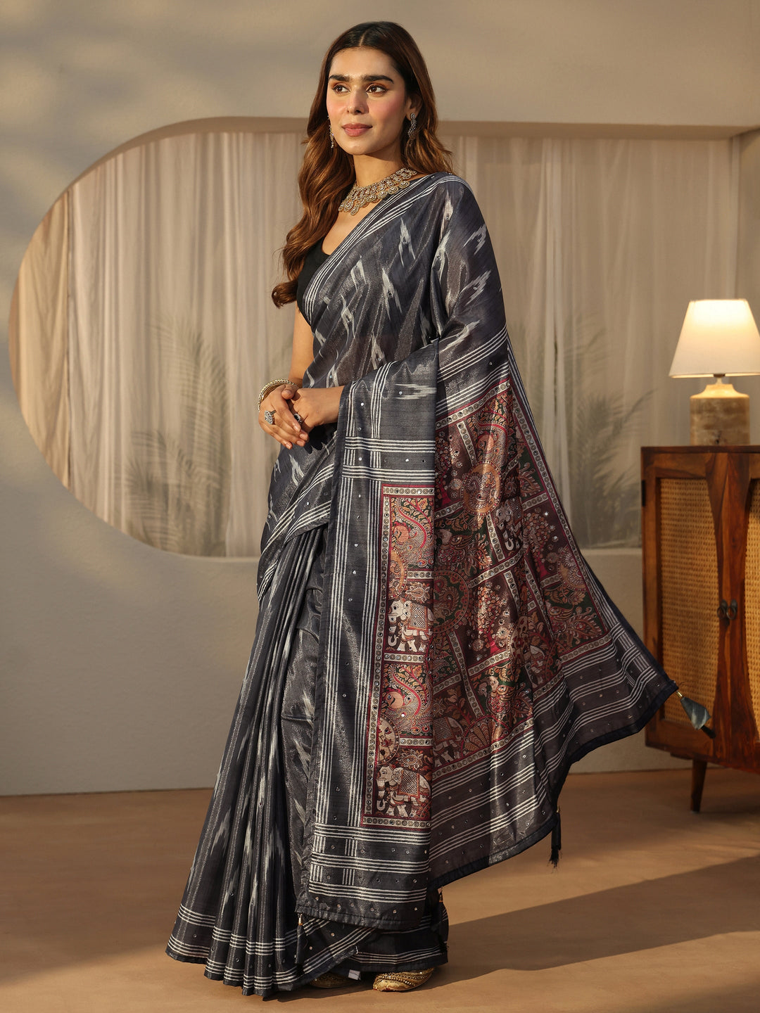  Libas Dark Grey Ikat Printed Satin Saree 