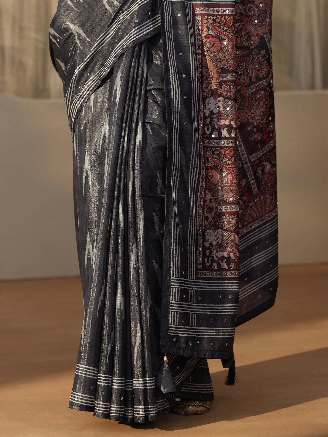  Libas Dark Grey Ikat Printed Satin Saree 