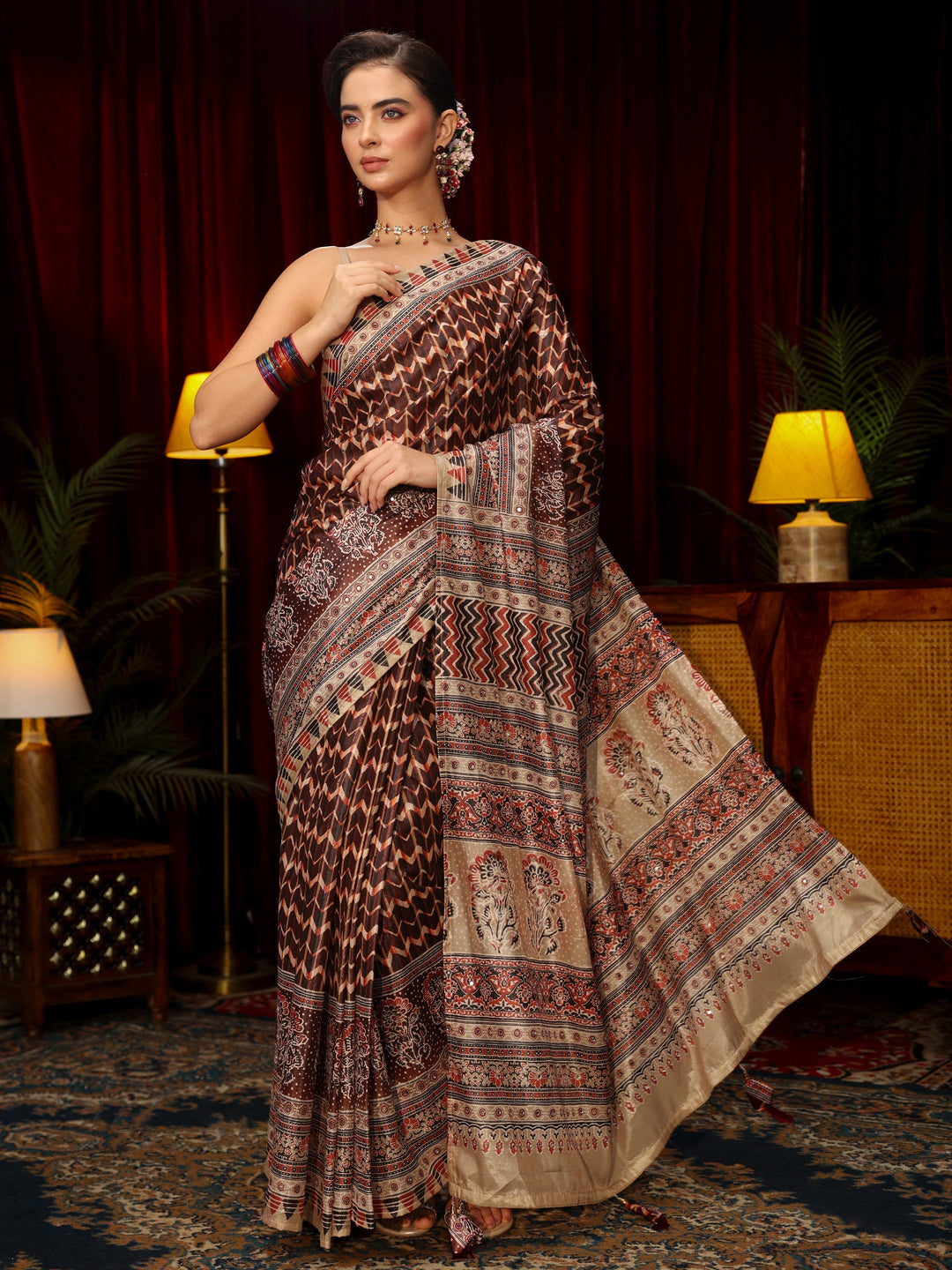  Libas Brown Multi Print Mirror Work Embellished Satin Saree 