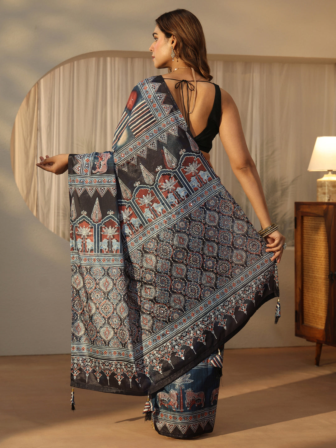  Libas Black Ajrakh Printed Satin Saree 