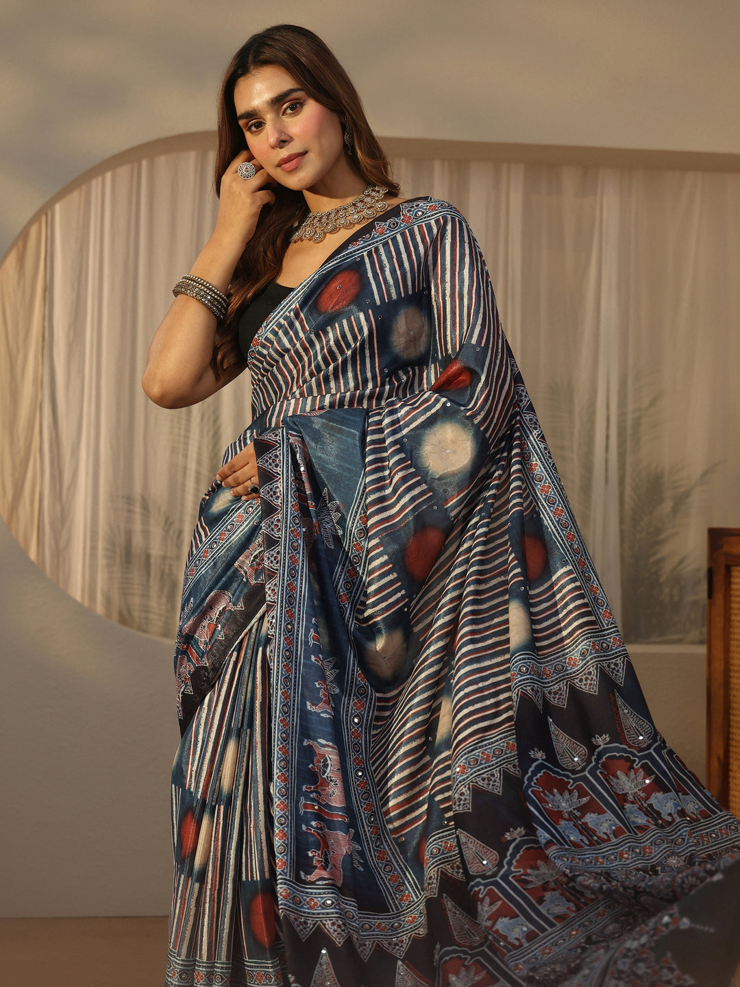  Libas Black Ajrakh Printed Satin Saree 
