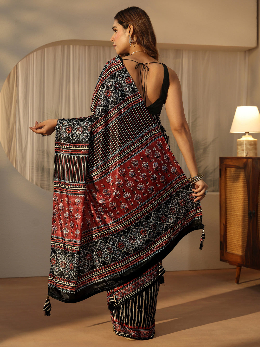  Libas Black Striped Satin Saree 