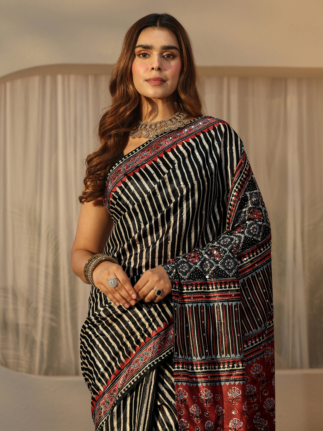 Libas Black Striped Satin Saree 