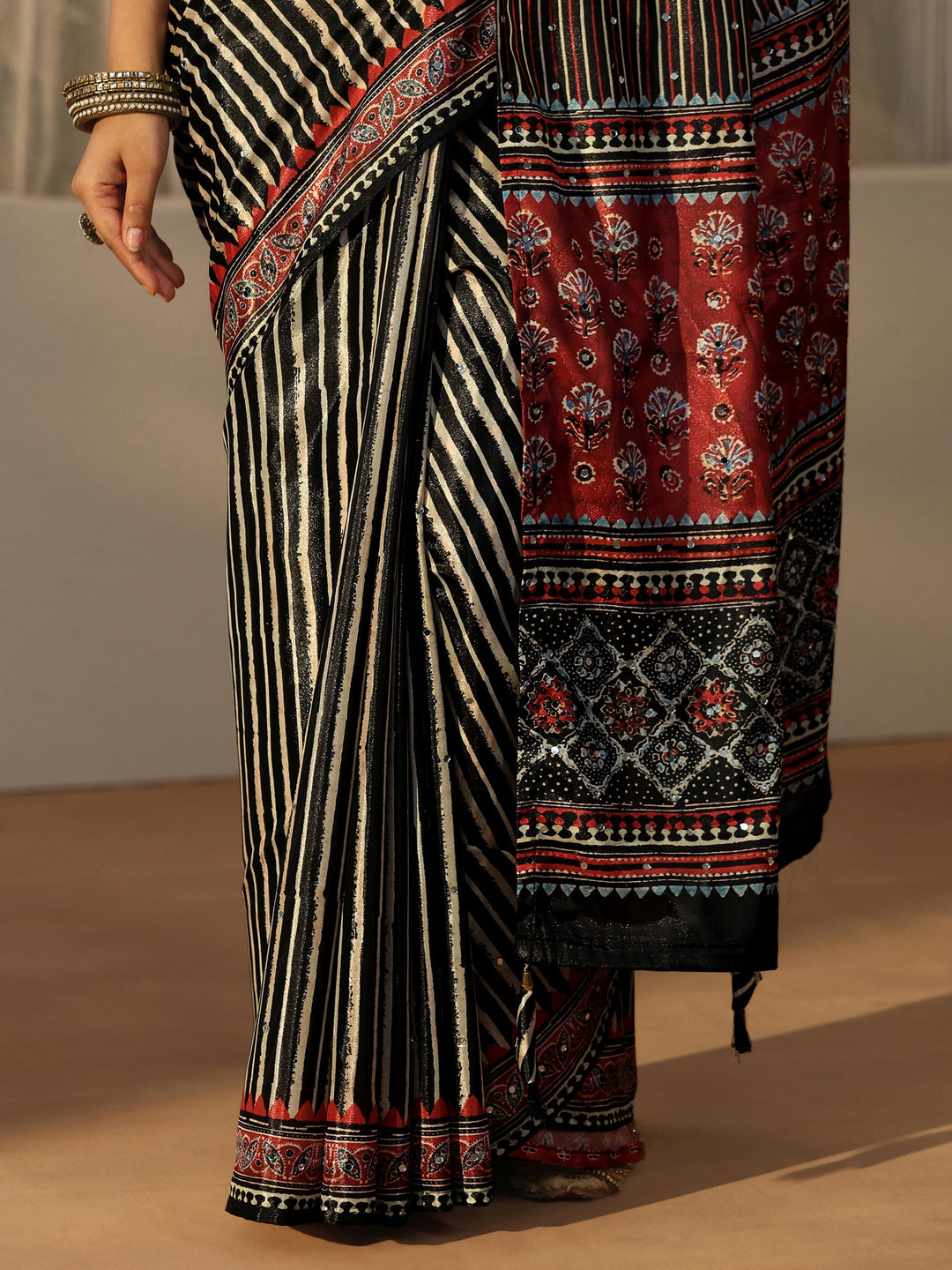  Libas Black Striped Satin Saree 