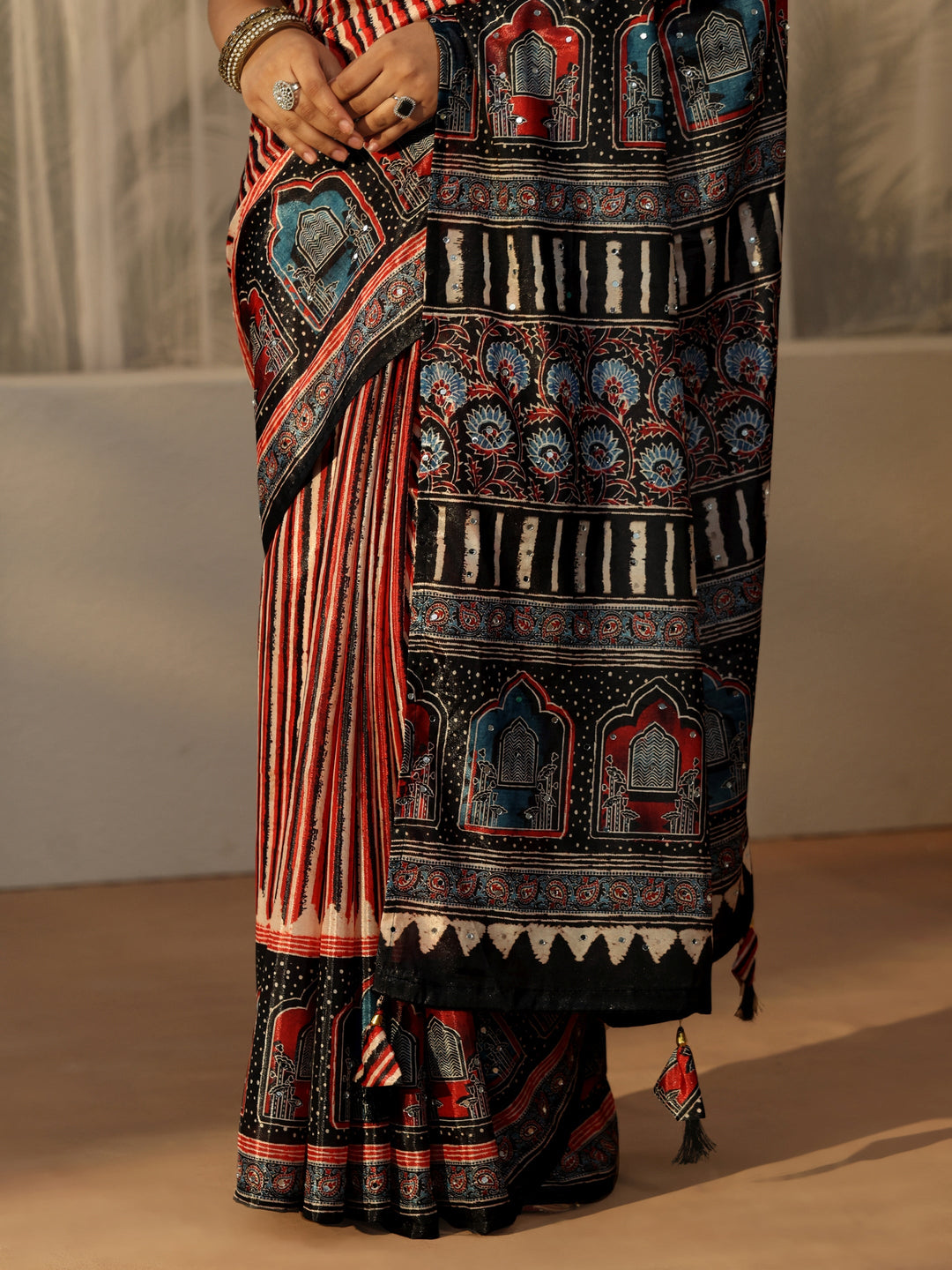  Libas Black Ajrakh Printed Satin Saree 