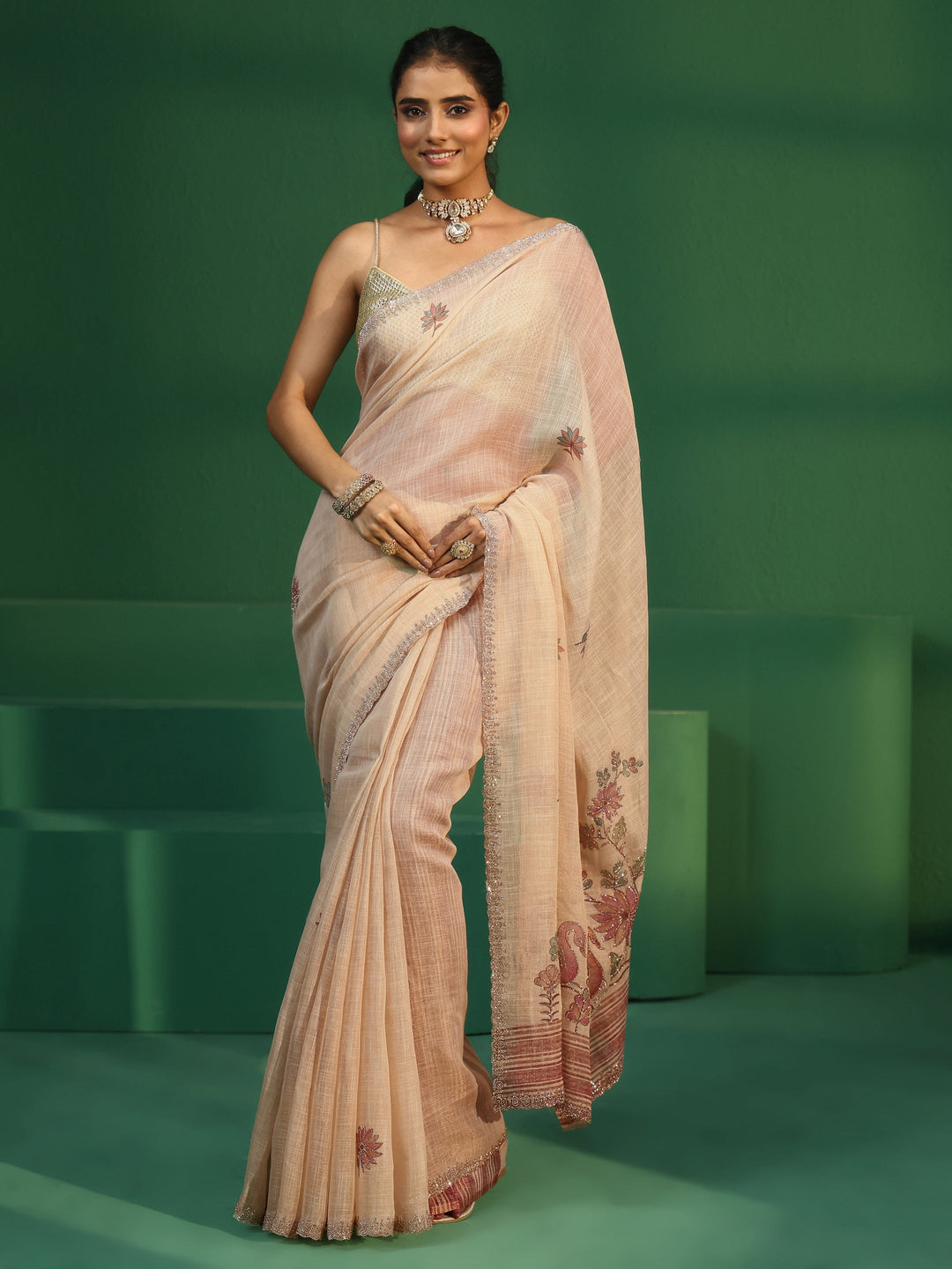  Libas Cream Printed Organza Saree with Embellished Border 