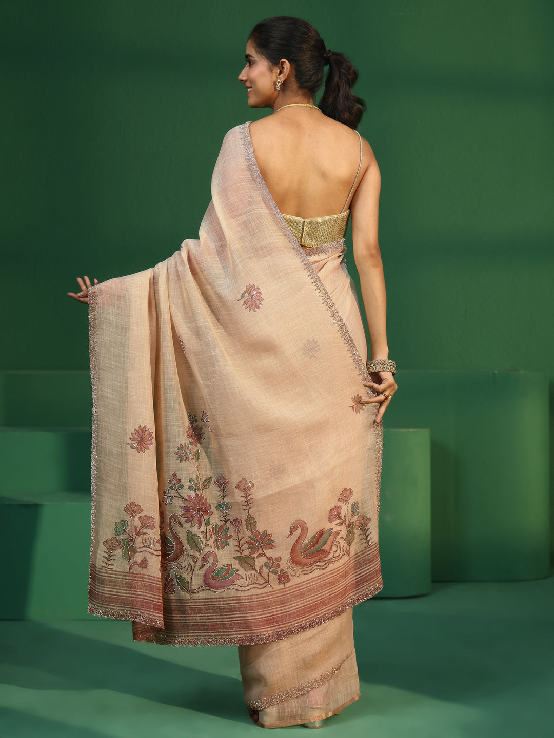  Libas Cream Printed Organza Saree with Embellished Border 