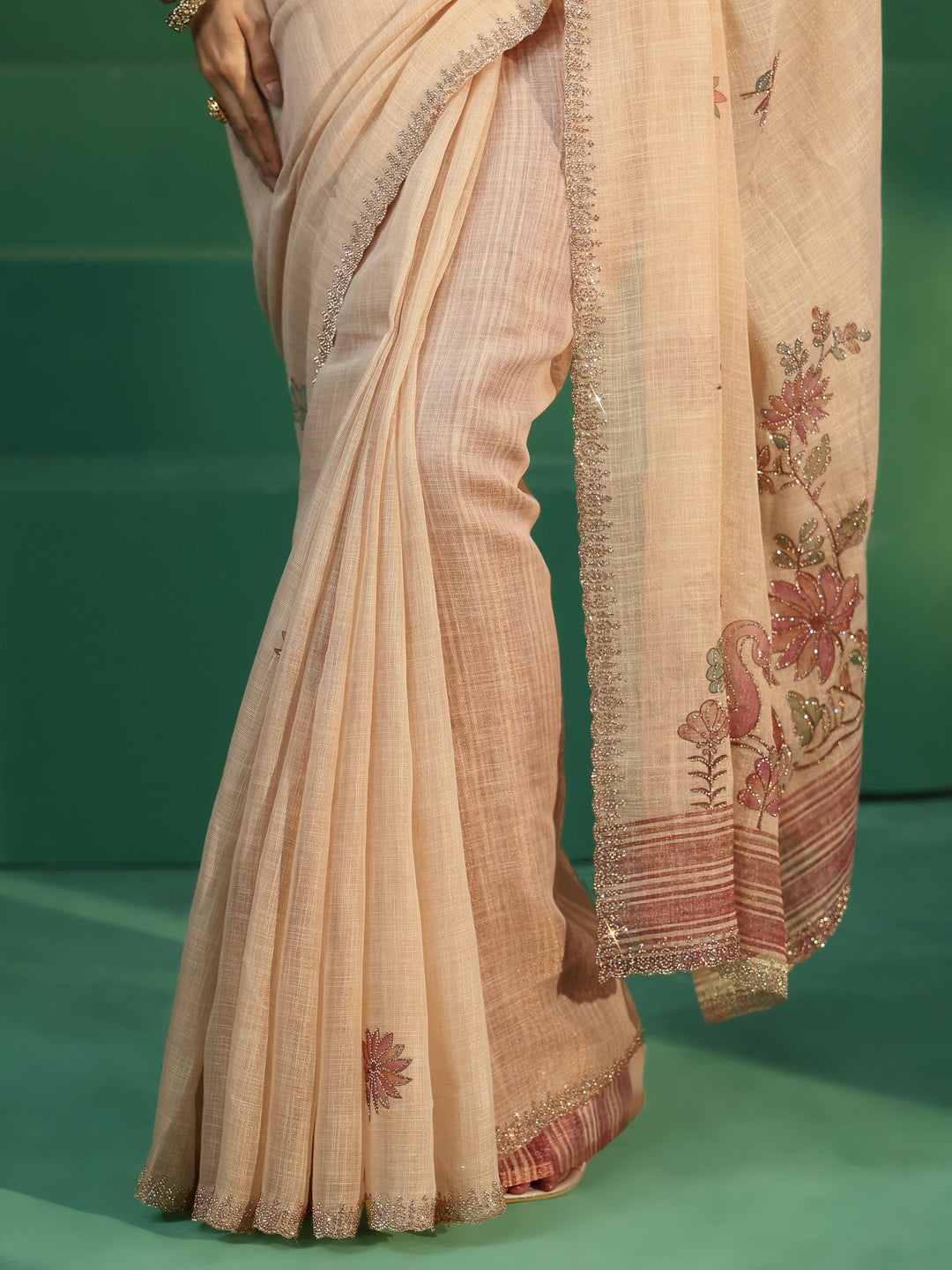  Libas Cream Printed Organza Saree with Embellished Border 