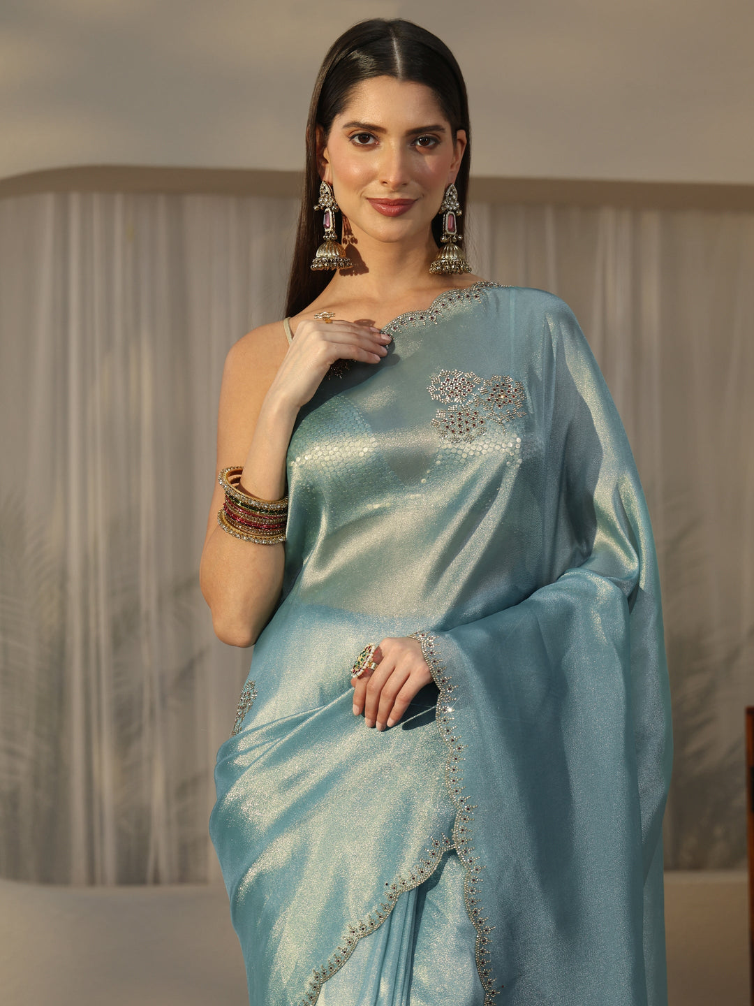  Libas Ice Blue Embellished Organza Saree 
