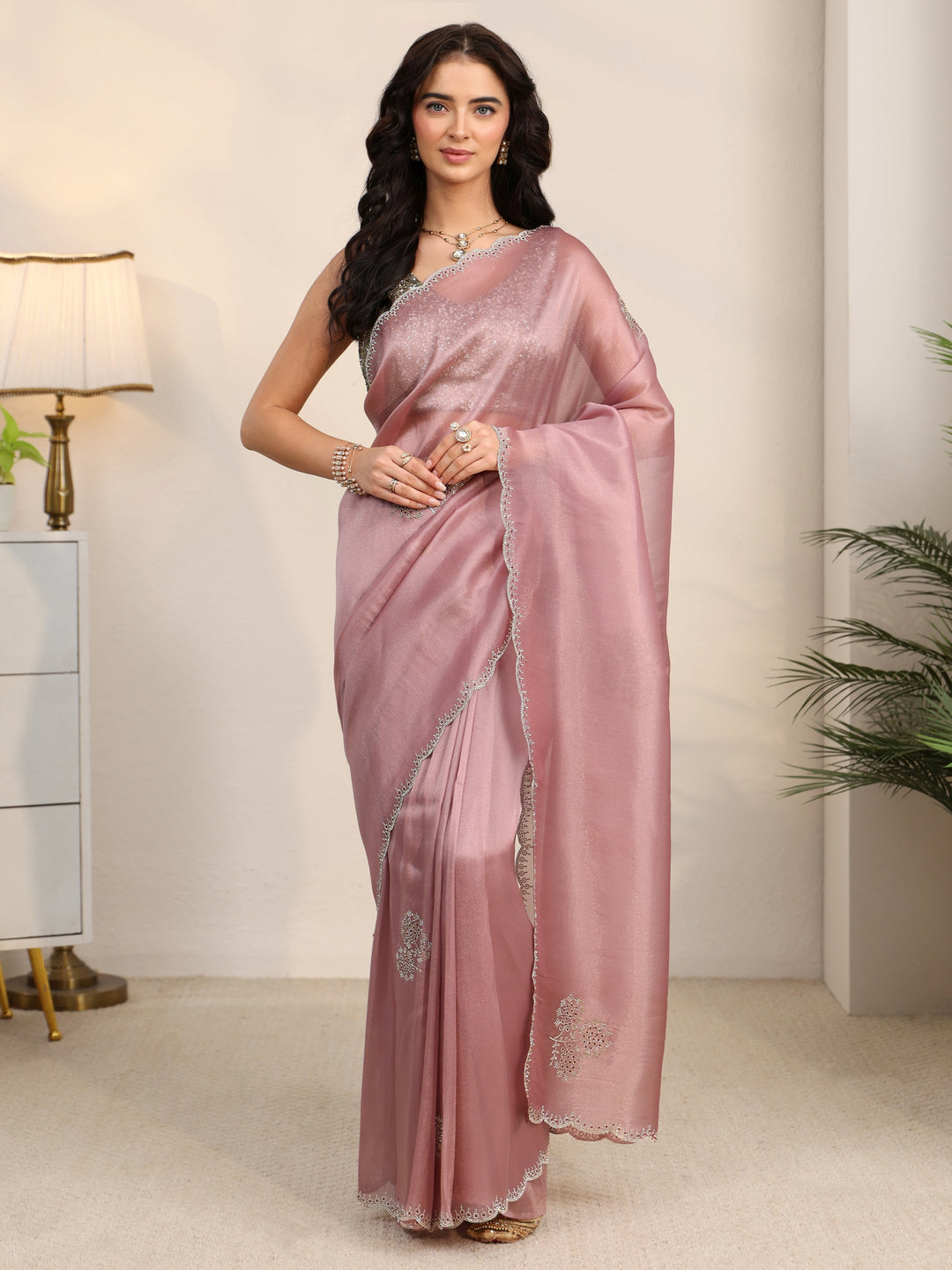  Libas Rose Pink Embellished Organza Saree with Scalloped Border 