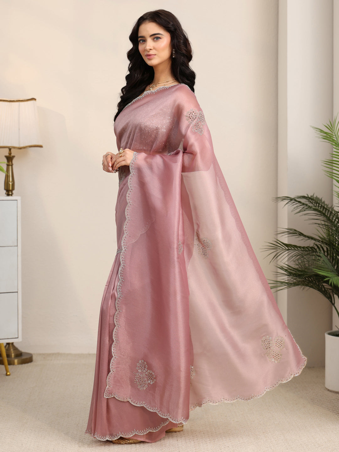  Libas Rose Pink Embellished Organza Saree with Scalloped Border 