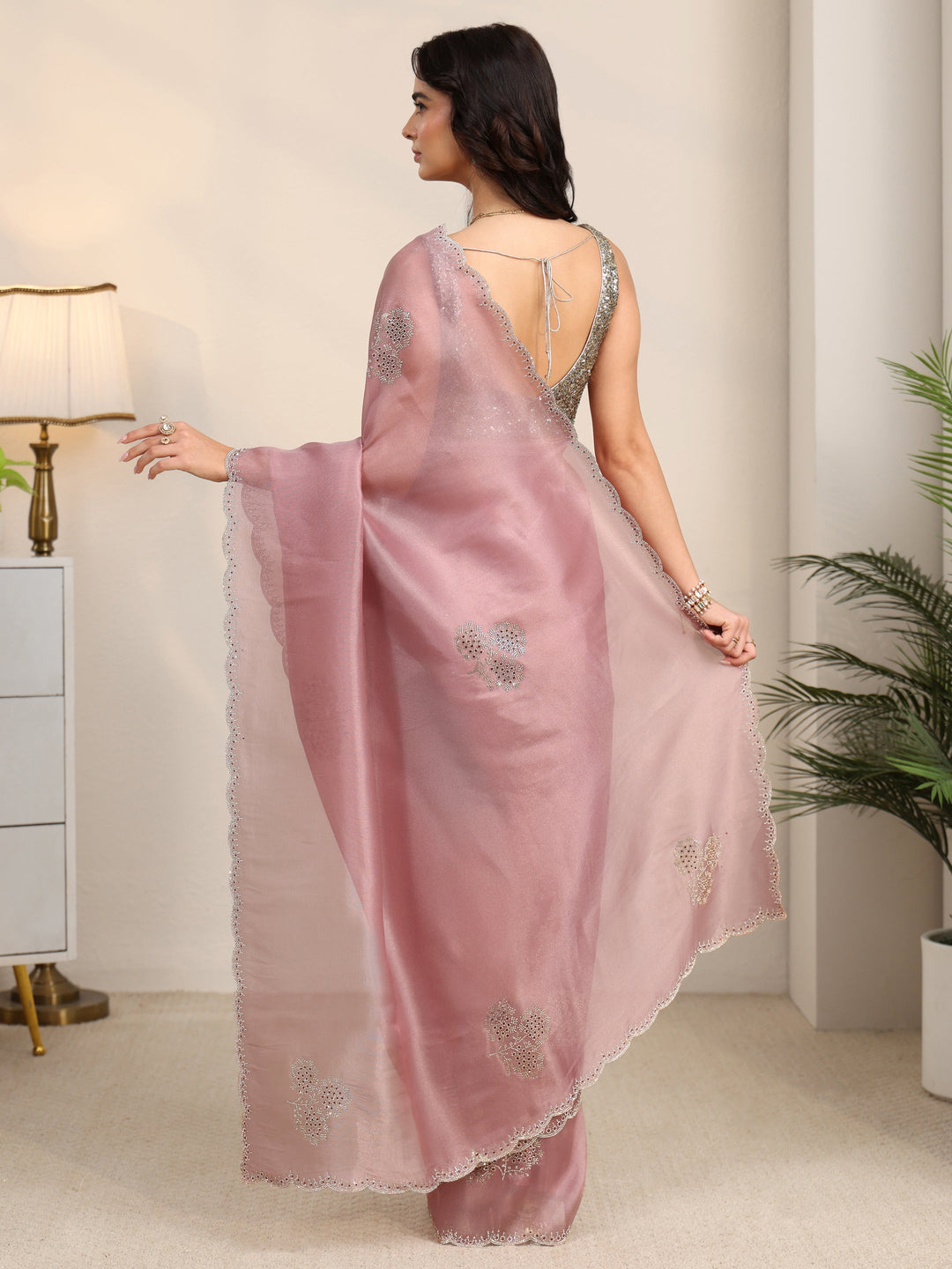  Libas Rose Pink Embellished Organza Saree with Scalloped Border 
