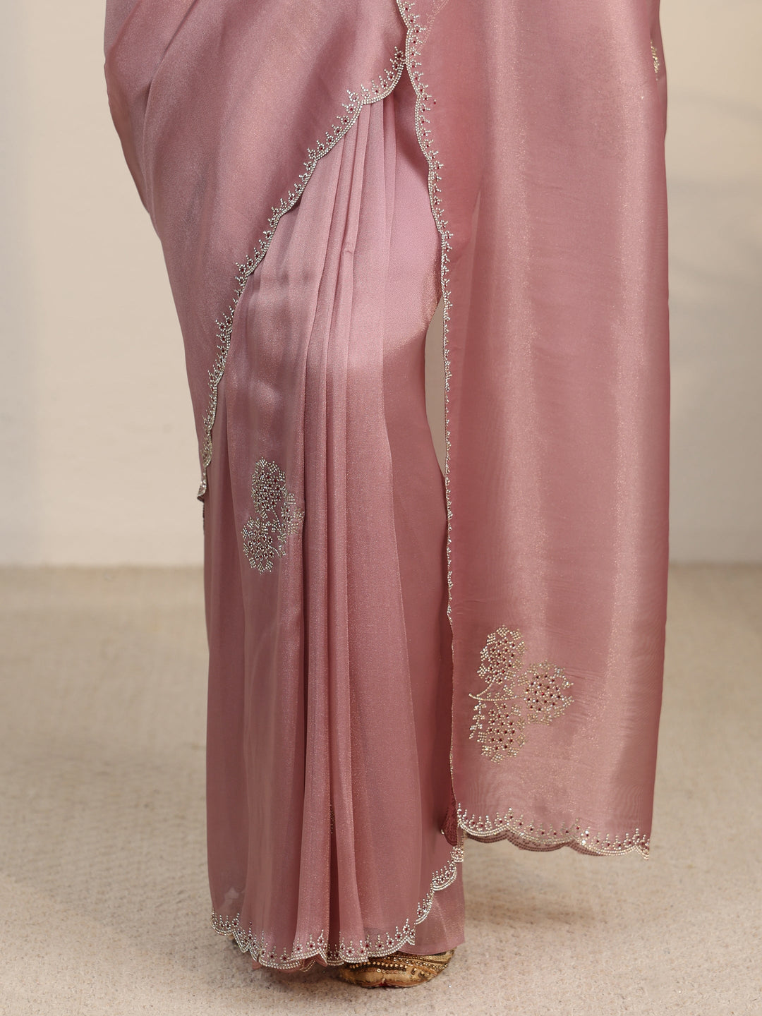  Libas Rose Pink Embellished Organza Saree with Scalloped Border 