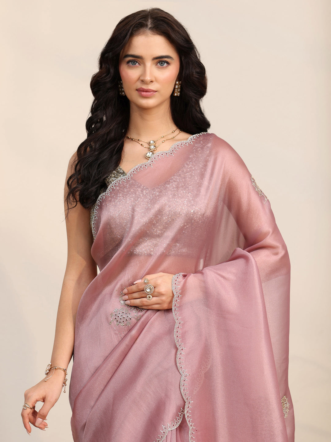  Libas Rose Pink Embellished Organza Saree with Scalloped Border 