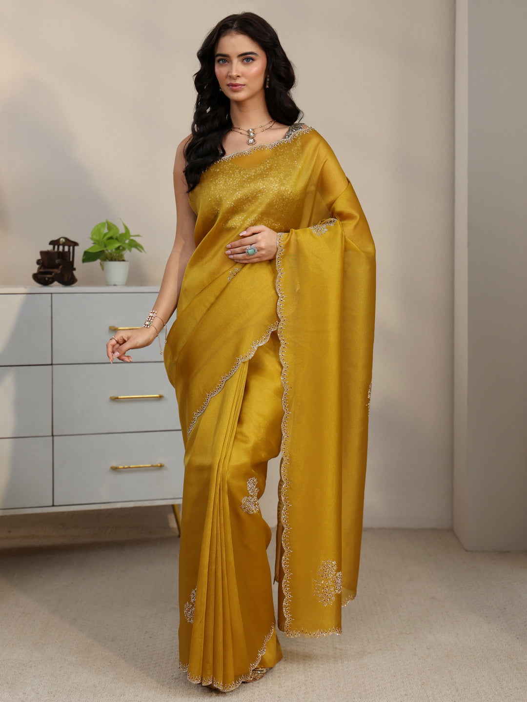  Libas Mustard Embellished Organza Saree with Scalloped Border 