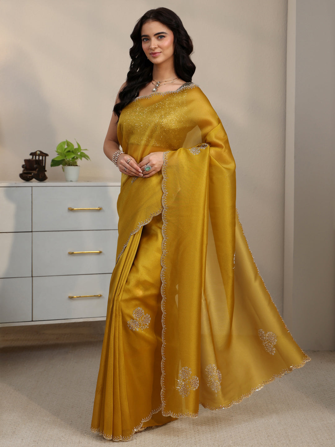  Libas Mustard Embellished Organza Saree with Scalloped Border 