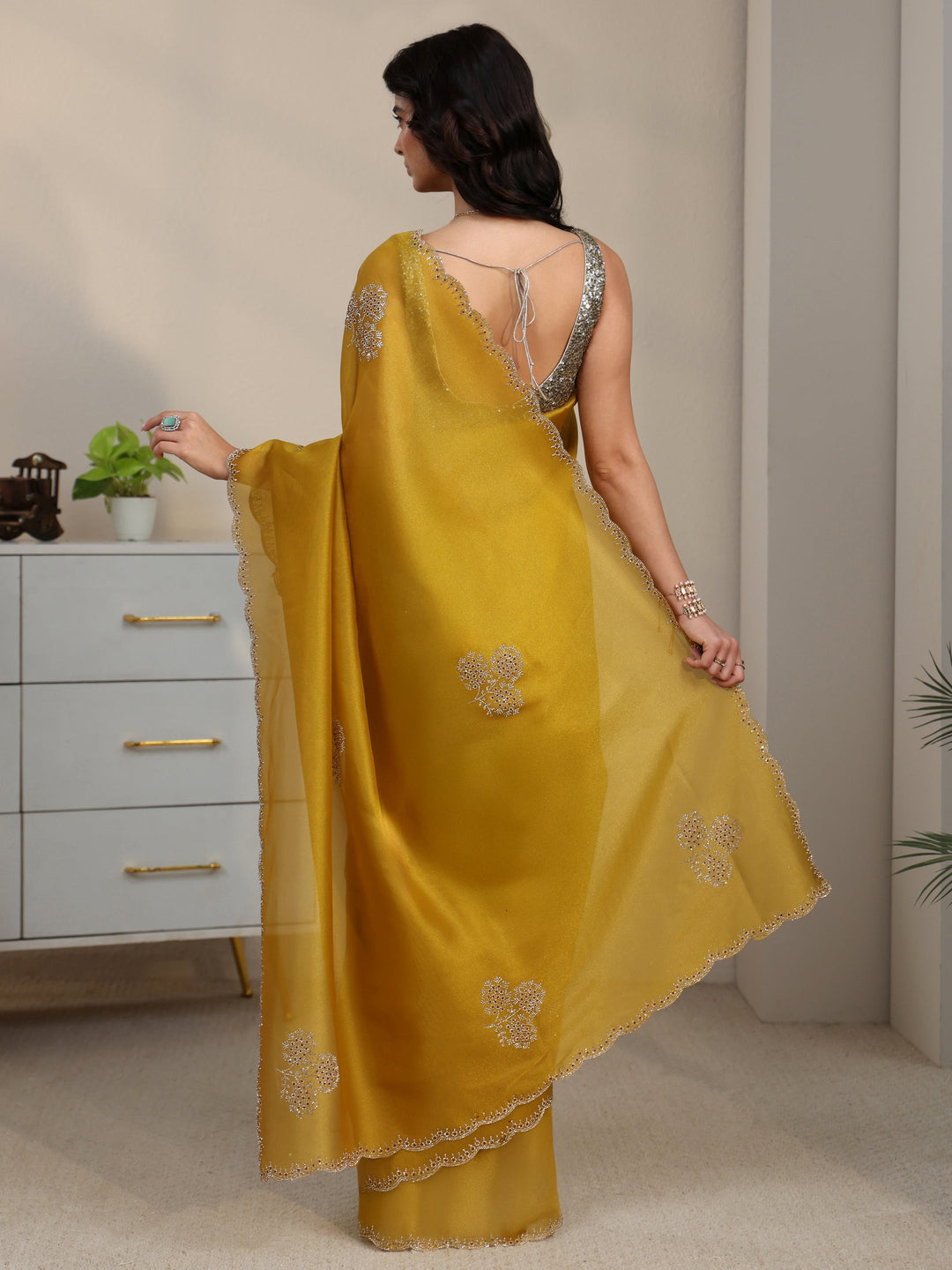 Libas Mustard Embellished Organza Saree with Scalloped Border 