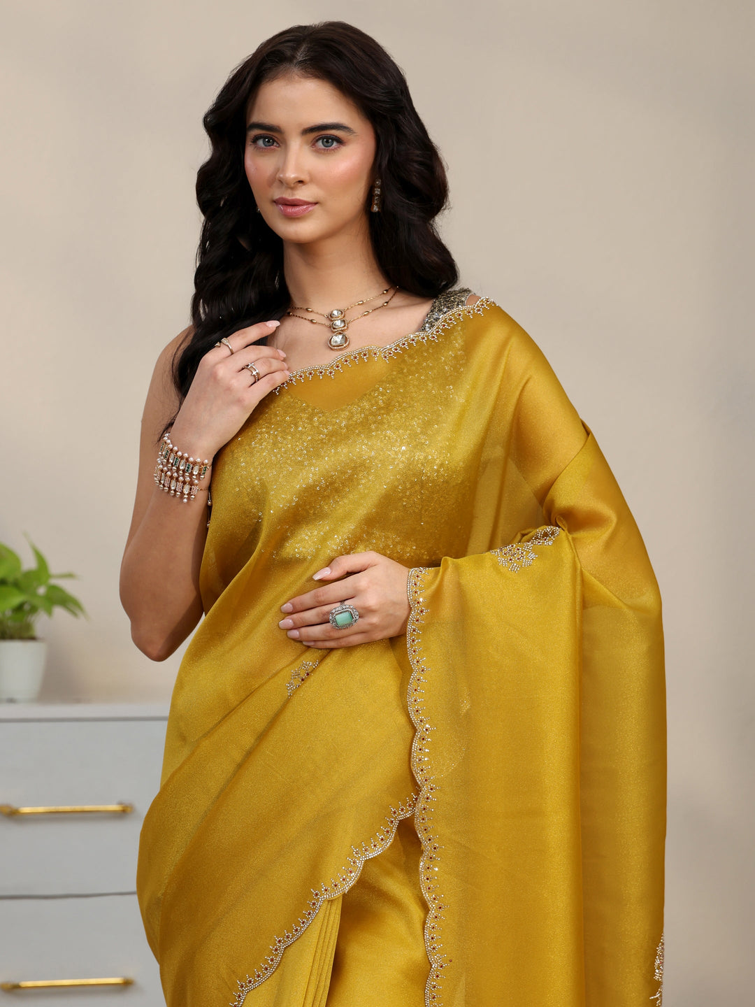  Libas Mustard Embellished Organza Saree with Scalloped Border 