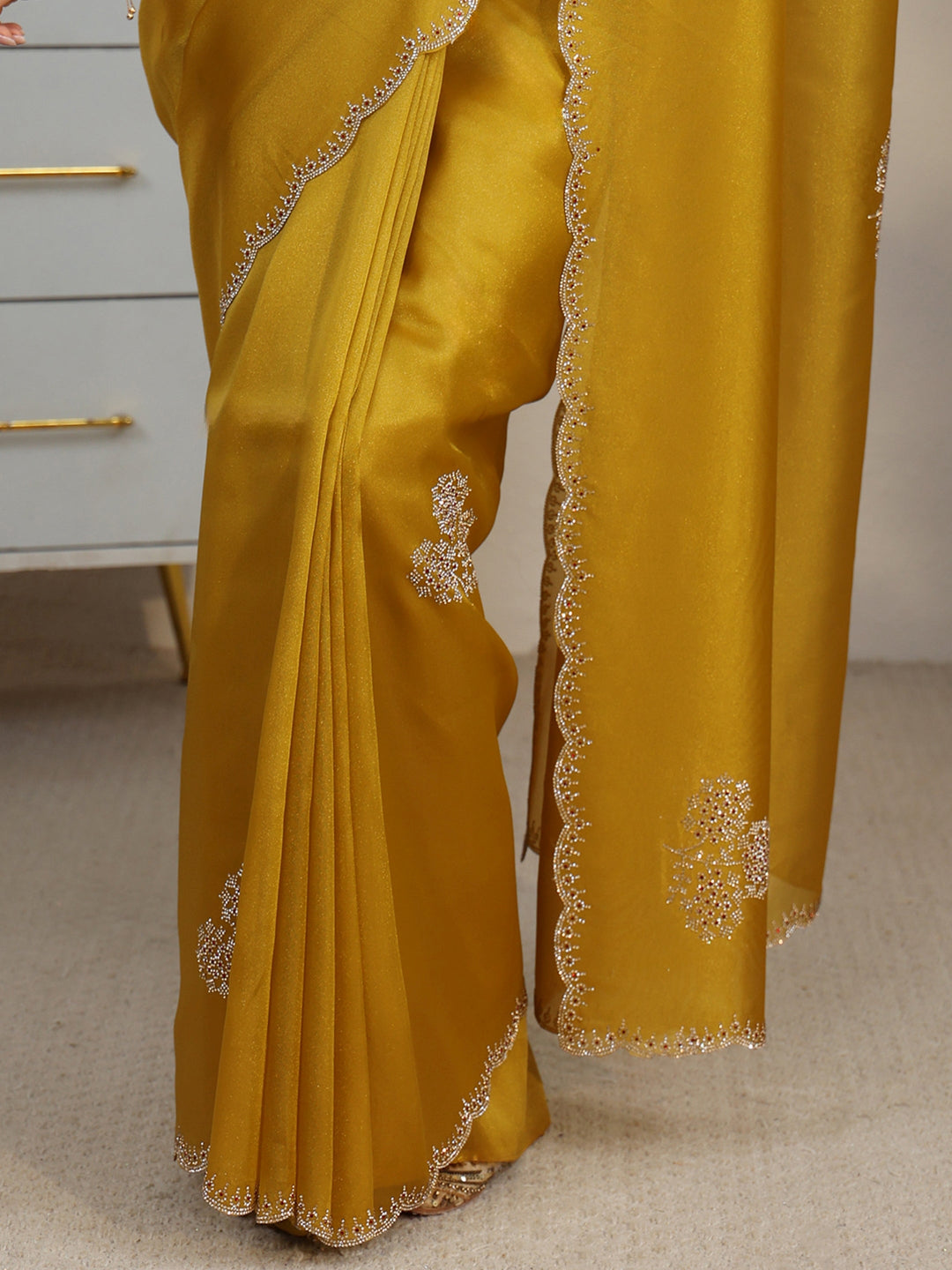  Libas Mustard Embellished Organza Saree with Scalloped Border 