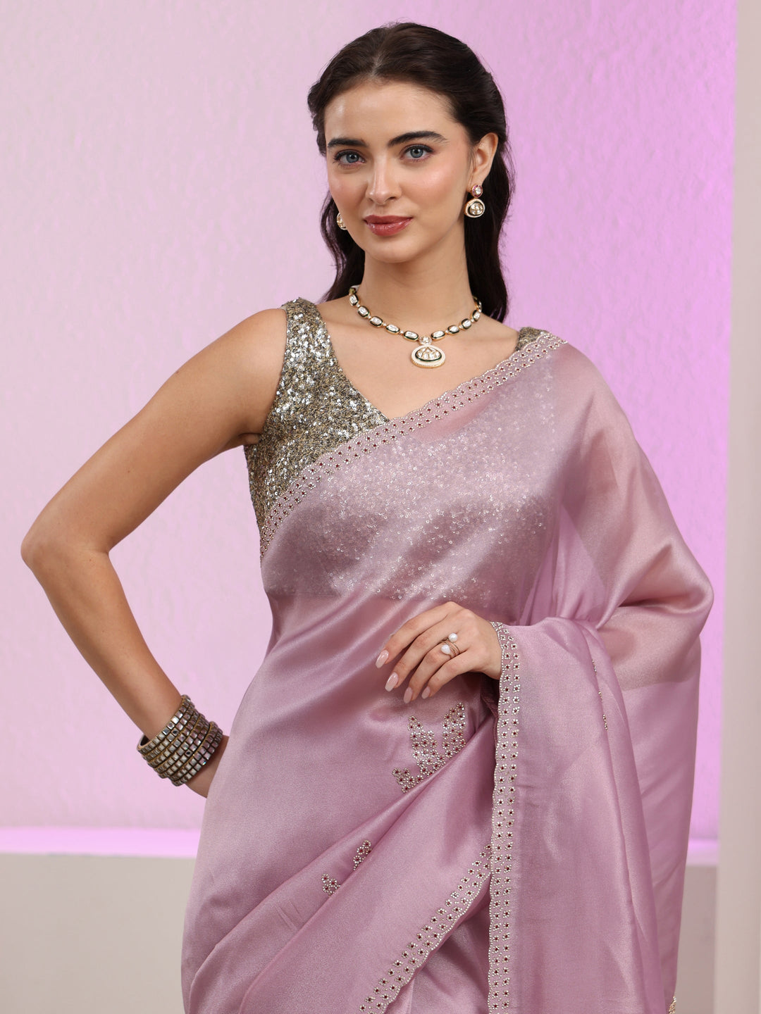  Libas Lavender Embellished Organza Saree 
