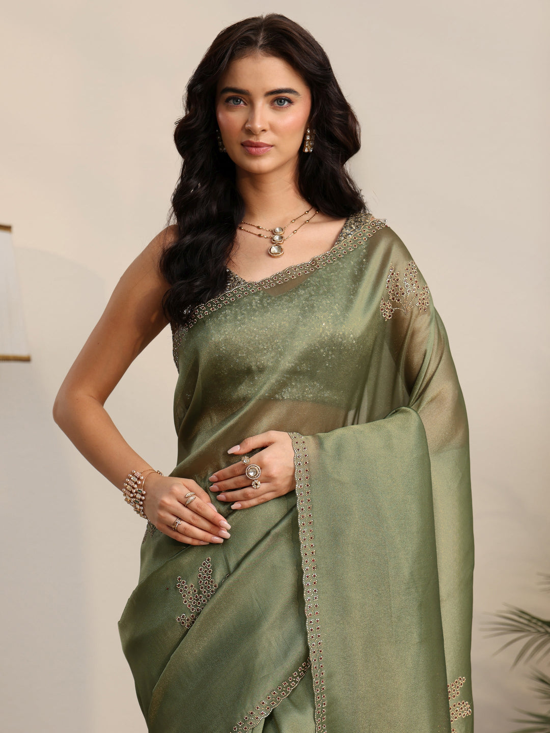  Libas Olive Green Embellished Organza Saree 