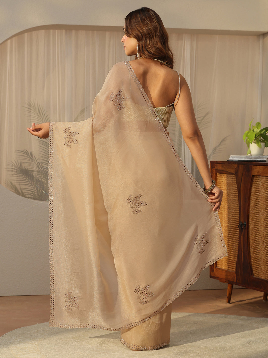  Libas Cream Floral Embellished Organza Saree 