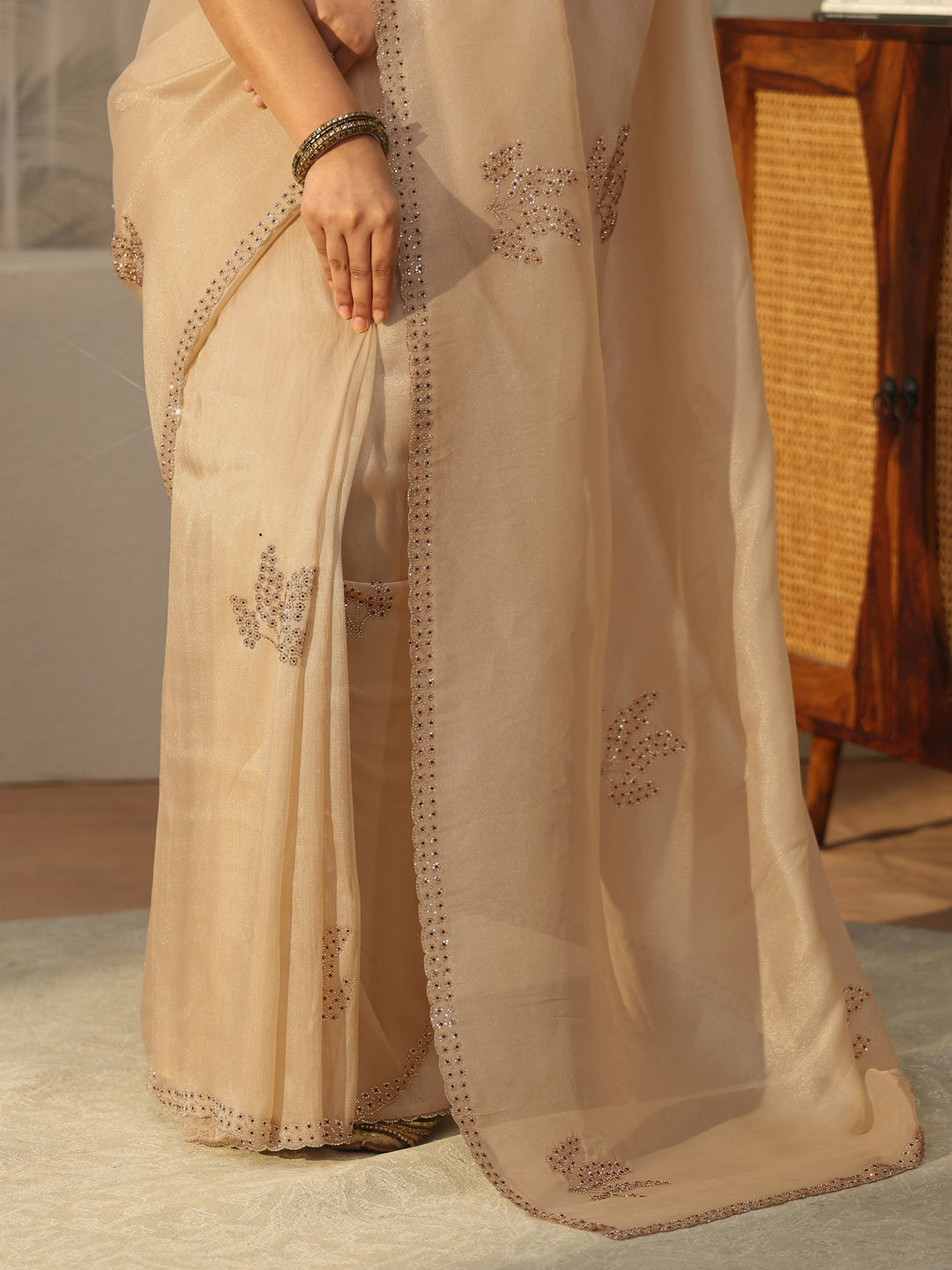  Libas Cream Floral Embellished Organza Saree 