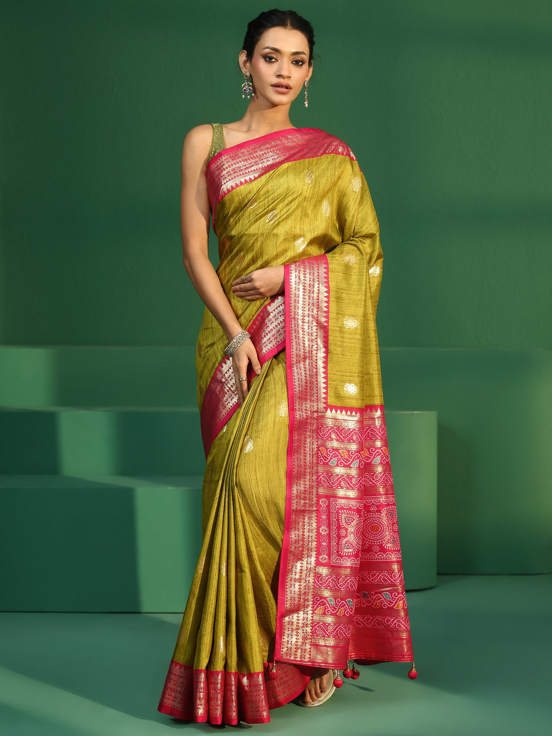  Libas Fern Green Printed Silk Blend Saree 