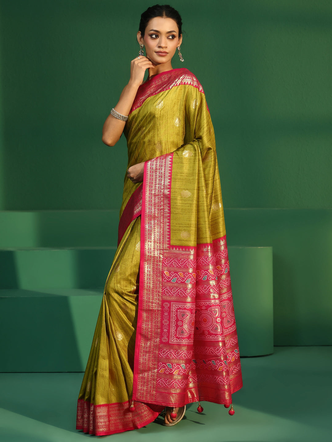  Libas Fern Green Printed Silk Blend Saree 